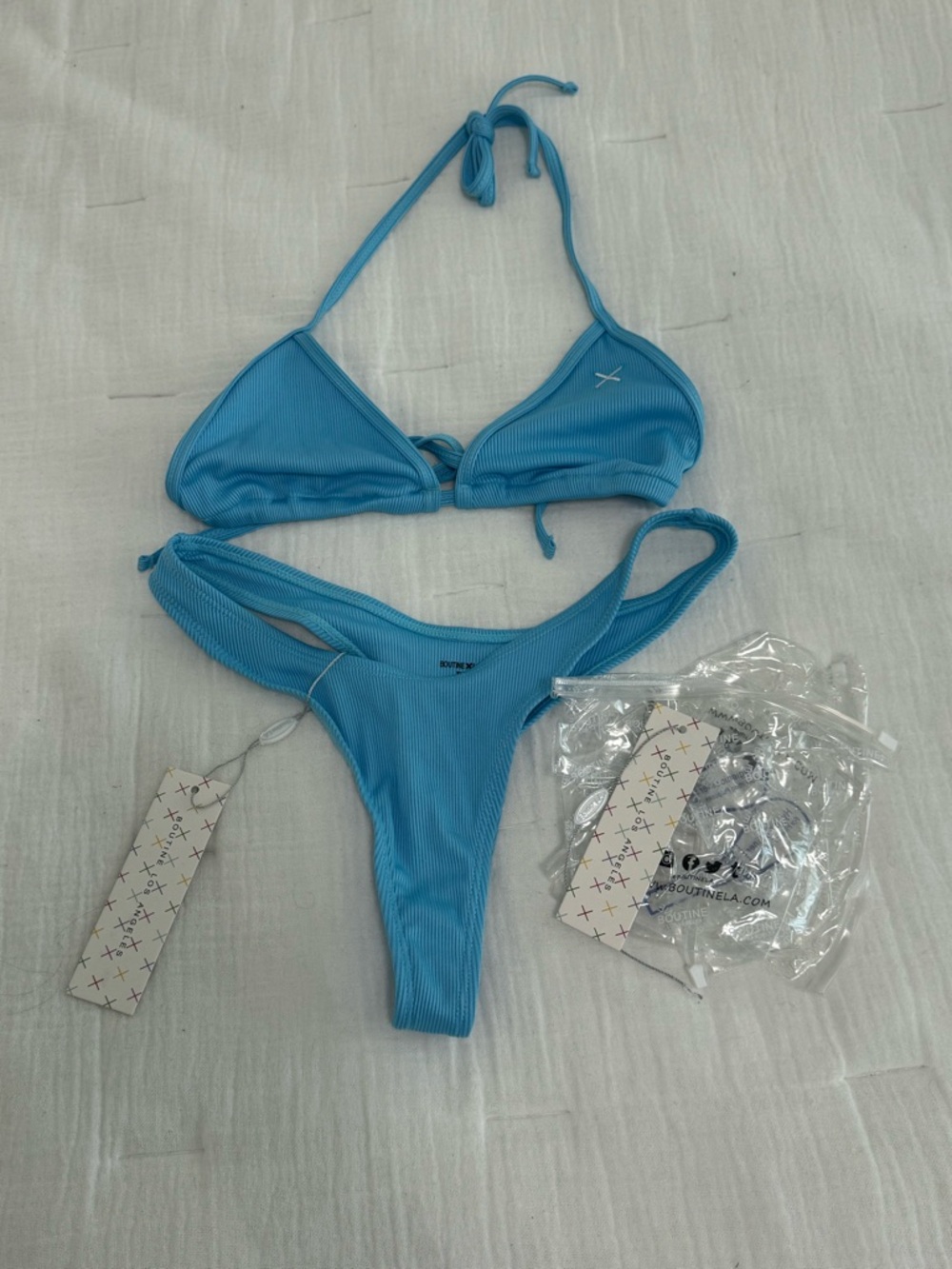 Boutine LA Sky Blue Ribbed Tie Bikini Set